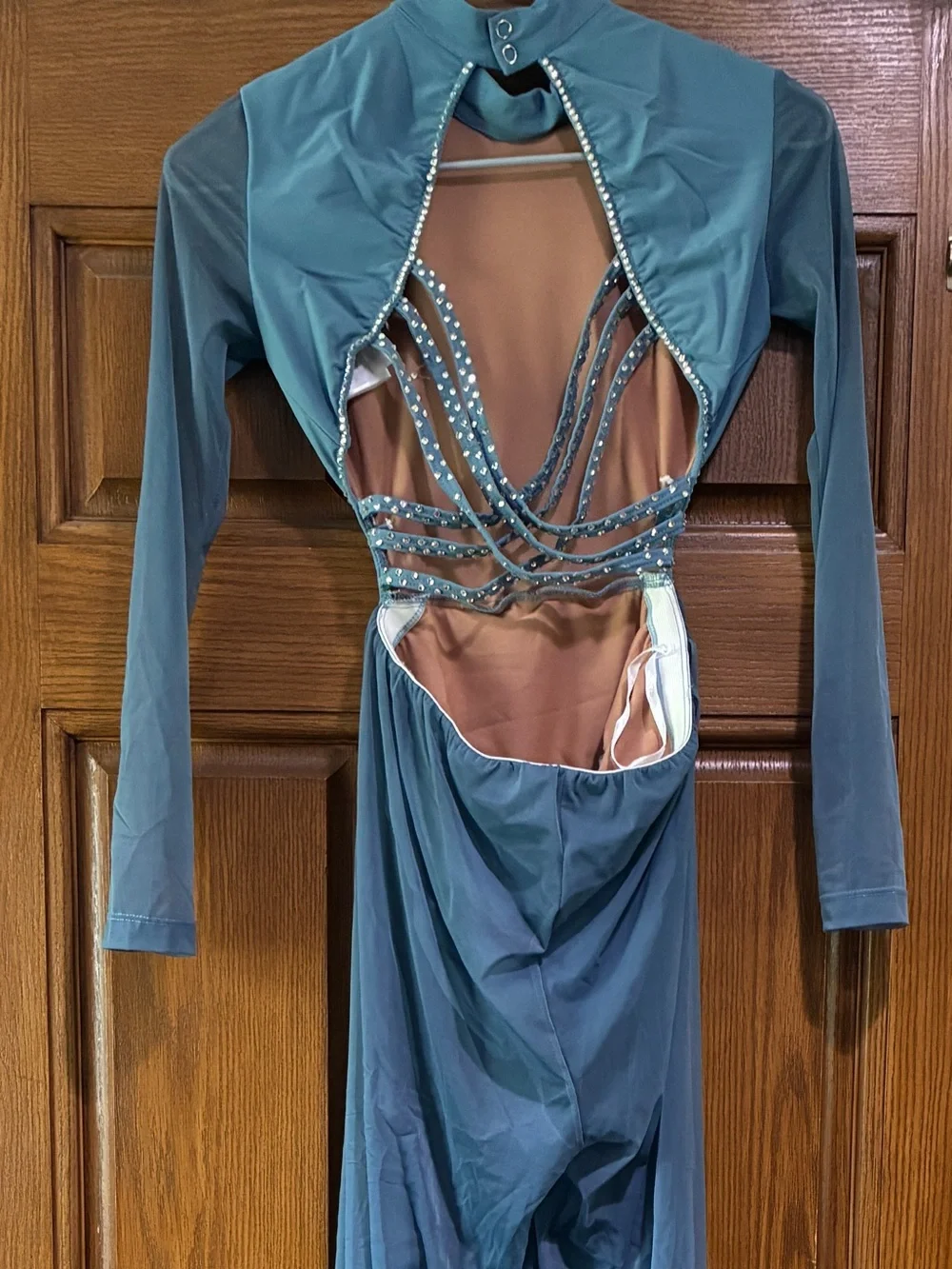 Kids Dance Costume Long Sleeve Teal Dress with Mesh Sleeves - custom rhinestones
